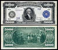 $5,000 Federal Reserve Note, Series 1918, Fr.1134d, depicting James Madison.