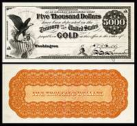 $5,000 Gold Certificate, Series 1865, Fr.1166f, with a vignette of an eagle and shield (left) and justice (bottom center).