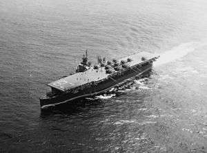 Aerial view of the USS Cabot at sea on July 26, 1945