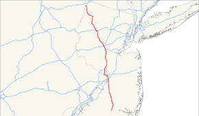 A map showing major highways in New Jersey and neighboring states. US 206 runs from the center of the southern part of New Jersey north to just into Pennsylvania from the top of New Jersey.