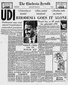 The front page of a newspaper, "The Rhodesia Herald". The main headline is "UDI—Rhodesia goes it alone".