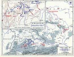 Map with blue scattered lines showing the advance of the French army to the rear of the Austrians, whose actions are shown with red scattered lines.