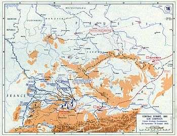 Map with scattered blue lines detailing the envelopment of the Austrian army, showing moving with scattered red lines.