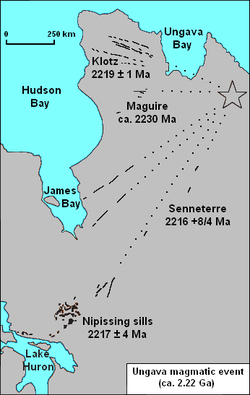 This sketch shows the features associated with the Ungava magmatic event.