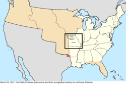 Map of the change to the United States in central North America on March 28, 1837