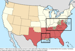 Map of the change to the United States in central North America on March 4, 1863