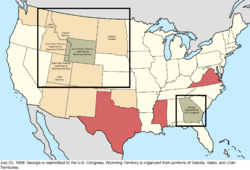 Map of the change to the United States in central North America on July 25, 1868