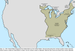 Map of the change to the international disputes involving the United States in central North America on May 12, 1784