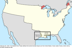 Map of the change to the international disputes involving the United States in central North America on February 22, 1821