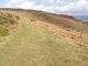 A hillside covered in bracken and scrub with a grassy path going up the hill, first to the left then to the right