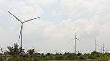 Close-up view of the turbines at Uppudaluwa Wind Farm.