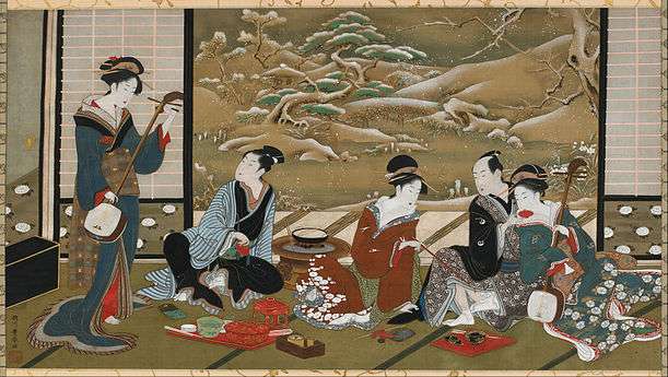 Painting of a three Japanese woman entertaining two Japanese men