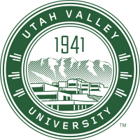 The seal of Utah Valley University, with a representation of the main campus and Mount Timpanogos behind it