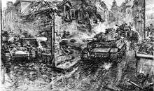 A pencil drawing of road intersection and three tanks; one tank fires, through a partially destroyed building, at another. The barrel of an anti-tank gun can be seen in the bottom right corner of the drawing.
