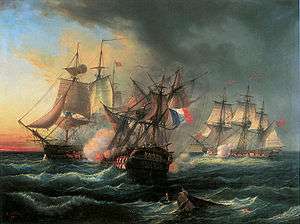Three ships, the middle one badly damaged and flying a French flag, exchanged cannon fire in heavy seas