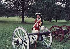 Two cannons with a man in a red, white, and blue colonial military uniform