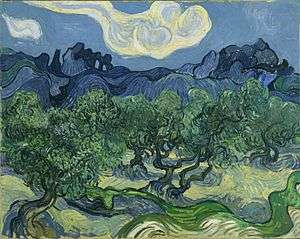 A painting of intense green gnarled old olive trees with distant rolling blue mountains behind under a light blue sky with a large fluffy white cloud in the center