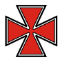 an insignia in the shape of a red maltese cross with a black outline