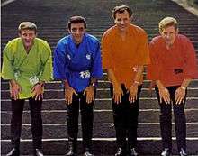 A picture of the Ventures wearing kimonos during a publicity shoot in Japan.