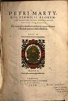 Title page of Vermigli's Loci Communes, burning bush in center, text in Latin