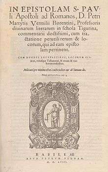 Title page of Vermigli's Romans commentary with printer's mark of woman with lamp and staff, text in Latin