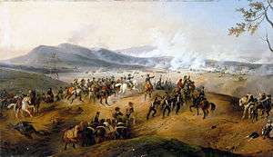 Painting of a battle with horsemen and a cannon being hauled in the foreground and mountains in the background