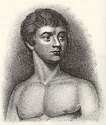 A black and white print of Victor of Aveyron as a teenager from the chest up and shirtless, with his body facing forward and his face slightly turned to the left.
