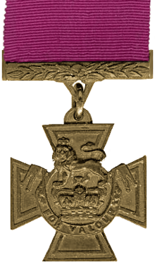A bronze cross pattée bearing the crown of Saint Edward surmounted by a lion with the inscription "FOR VALOUR". A crimson ribbon is attached.