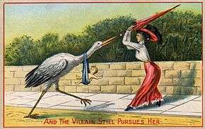 a cartoon of a woman being chased by a stork with a baby