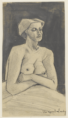  A half length portrait of a naked woman with folded arms and drooping breasts in milk. It is annotated "The Great Lady" in the lower right.