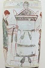 Photograph showing detail from an Athenian vase. A woman leaves a garland on a tomb.