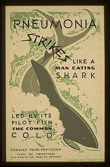 A poster with a shark in the middle of it, which reads "Pneumonia Strikes Like a Man Eating Shark Led by its Pilot Fish the Common Cold"