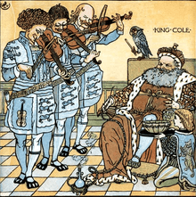 A bearded man dressed in an ermine robe and hat sits as three men dressed in livery each play a fiddle and a young page dressed in a tunic and striped tights kneels on a tiled floor to the right of the man's chair