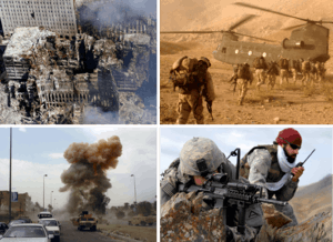 Clockwise from top left: Aftermath of the September 11 attacks; American infantry in Afghanistan; an American soldier and Afghan interpreter in Zabul Province, Afghanistan; explosion of an Iraqi car bomb in Baghdad