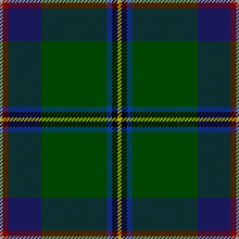 A green square cut into equal quarters by yellow, black, and blue "stitched" lines. Red and white stitches outline the entire square, and patches of blue and green fill the inner quadrants.