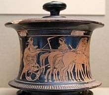 Photograph of a Greek pot, decorated in the red-figure style and showing a woman in a chariot pulled by a team of horses