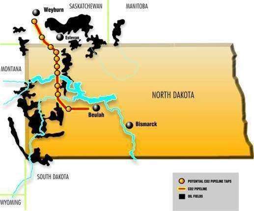 International map of pipeline's cross border route from Beulah, North Dakota, USA to Weyburn, Saskatchewan, Canada