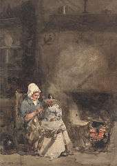 Cottage interior. A woman wearing a white bonnet and long skirt sits with a child on her lap. At her feet, a cooking pot sits on a lighted hearth