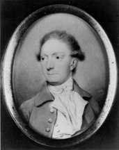 Black and white print depicts a clean-shaven man with his hair rolled over his ears in late 18th century style. He wears a coat over a frilled white shirt.
