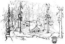 An architectural sketch of a rustic hunting lodge made of river rock, nestled amid tall pine trees at the edge of a river.