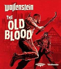 The game's cover art. The text "wolfenstein" is in the top right, with the text "THE OLD BLOOD" written underneath it. Behind the text is a man, preparing to use a pipe to hit an enemy.