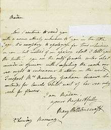 Handwritten letter reads "Madam Now I venture to send you [cut out] with a name utterly unknown to you in the [?], it is necessary to apologize for thus intruding on you—but instead of an apology shall I tell you the truth? You are the only female writer who I consider in opinion with respecting the [?] our sex ought to endeavour to attain the world. I respect Mrs. Macaulay Graham because she contends for [?] whilst most of her sex only seeks for flowers. I am Madam, Yours respectually, Mary Wollstonecraft Thursday Morning."