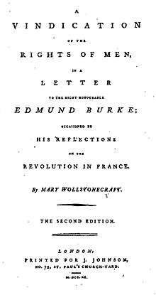 Page reads "A Vindication of the Rights of Men, in a Letter to the Right Honourable Edmund Burke; Occasioned by His Reflections on the Revolution in France. By Mary Wollstonecraft. The Second Edition. London: Printed for J. Johnson, No. 72, St. Paul's Church-Yard. M.DCC.XC."