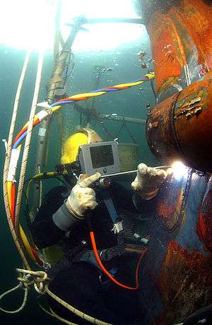 Diver wearing a diving helmet is welding a repair patch on a submarine