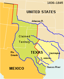 The land comprising Mexican Texas, between the Red, Sabine, and Nueces Rivers, is shaded yellow.  The land between this boundary and the Rio Grande on the south and the Arkansas River on the north is shaded green and marked as "claimed territory".