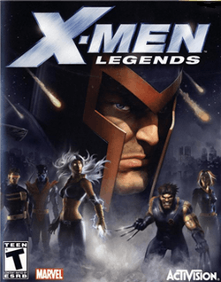 The words "X-Men Legends" are written across the top, with a textured steel design covering "X-Men". A large head with a helmet fills most of the background. Around the figure is a dark setting, with fog covering the lower portion. Standing in the fog are five people in combat stances. An ESRB "T" logo appears in the lower left, along with the Marvel Comics logo, while an Activision logo sits in the lower right.