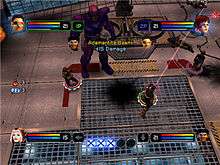 In each corner of the screen a playable character's head appears, along with a red and blue bar extending horizontally back towards the center of the screen. At the bottom center five large circular "X" logos are seen, with three being brighter.  To the left center are two glowing orbs with numbers representing their availability. In the center a beam is being fired at an off screen enemy, while another character advances towards a large robot.