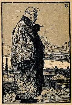 Monochromatic print of a man in a heavy coat standing, looking away from the viewer at the ocean