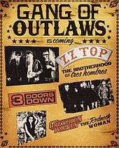 A yellow poster with three black-and-white images of ZZ Top, 3 Doors Down and Gretchen Wilson occupy most of the image. The text on the poster reads "Gang of Outlaws is coming".