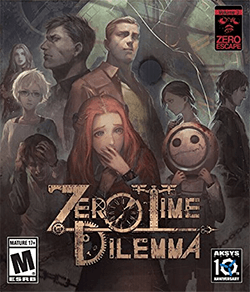 The cover art shows the game's nine main characters, with cogs and chains surrounding them. A large clock face is in the top right, with the shadow of a person wearing a plague doctor mask and a hat cast onto it. The game's logo consists of the words "Zero Time Dilemma", with several letters created from mechanical parts, including cogs and a clock hand.